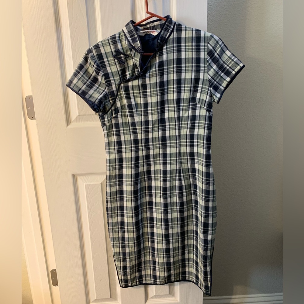 Vintage everyday casual cheongsam quipao dress plaid pattern Large